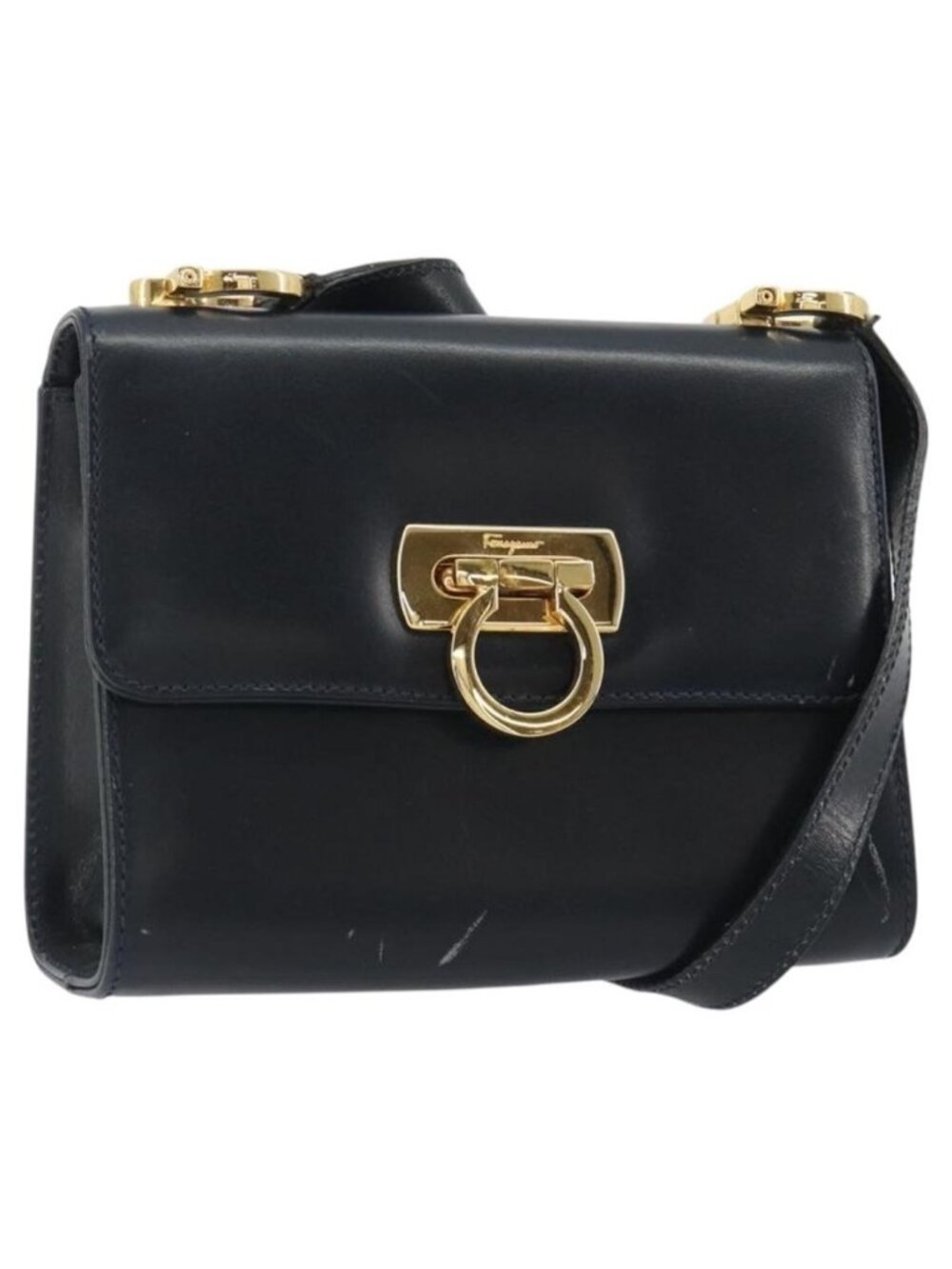Authentic Salvatore Ferragamo Gancini Shoulder Bag Leather Navy Gold